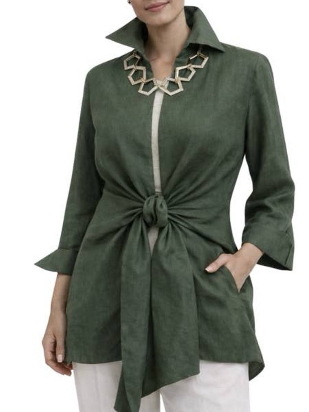 DAWN BACCHUS 100% Linen Tie Front Jacket
{$189} Dark Army Green Sz Medium